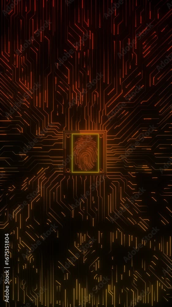 Poster glowing thumbprint integrated illuminated circuit board, symbolizing cybersecurity, biometric verifi