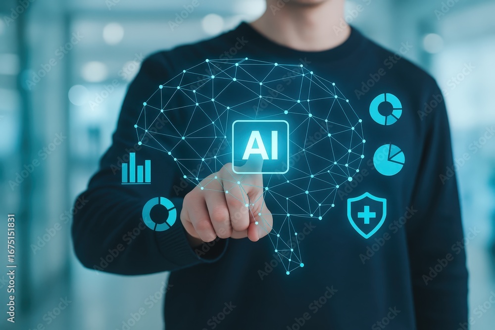 Aufkleber a person interacts with a holographic representation of artificial intelligence, displaying data vis