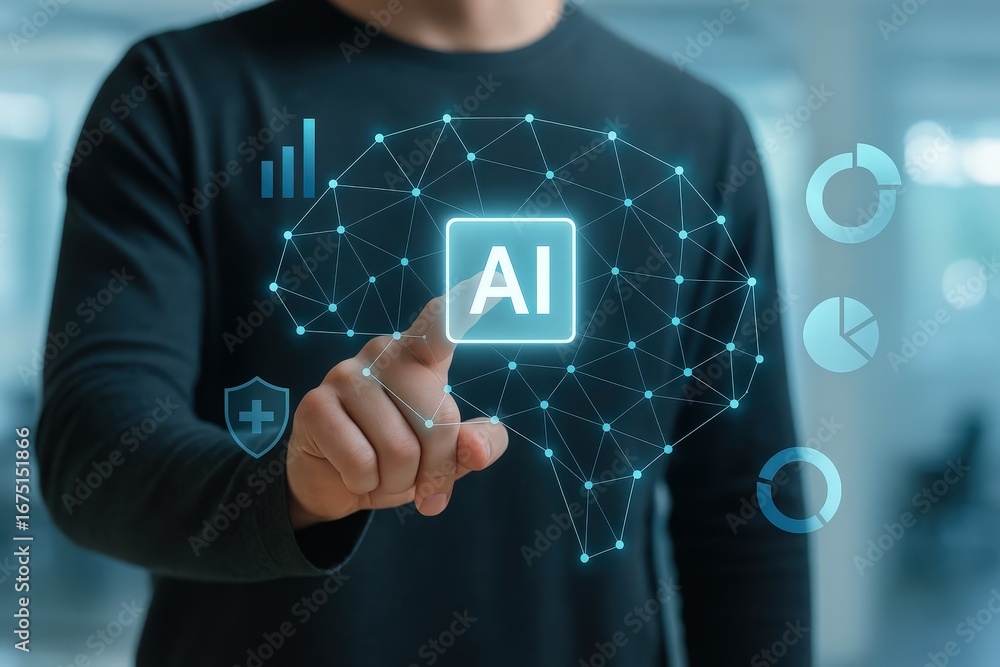 Aufkleber a person interacts with a digital representation of an artificial intelligence concept, visualized a