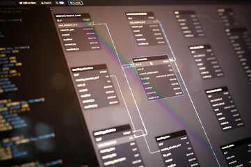 Detailed view of entity relationship diagram (ERD) with SQL code on a computer screen, illustrating database relationships and system structure for backend software architecture projects.
