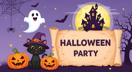 A halloween party invitation featuring a haunted house, pumpkins, a cat, and a ghost, setting the stage for a spooky and fun celebration