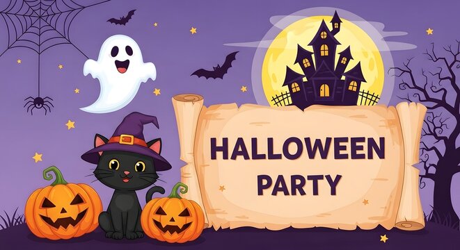 A halloween party invitation featuring a haunted house, pumpkins, a cat, and a ghost, setting the stage for a spooky and fun celebration