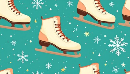 Delightful winter themed pattern featuring vintage ice skates and snowflakes illustration