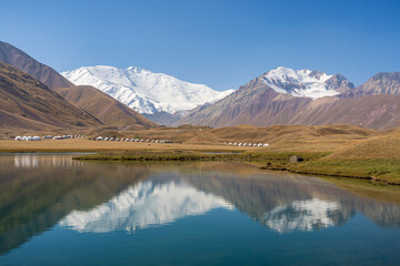 Landscape view of Lenin Peak aka Ibn Sina peak in Trans Alay mountain range with reflection in...