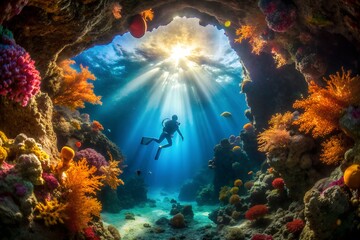 Fototapeta premium Scuba diver exploring a colorful coral reef cave