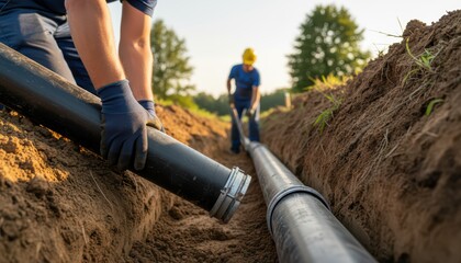 Construction Workers Installing Large Underground Pipes in a Trench During Daylight