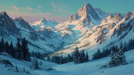 Snow - Capped Mountain Landscape with Pine Trees, Isolated Background for Copy Space