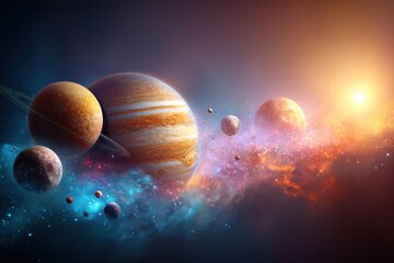 Multiple planets and moons orbiting within a vibrant nebula with a bright sun