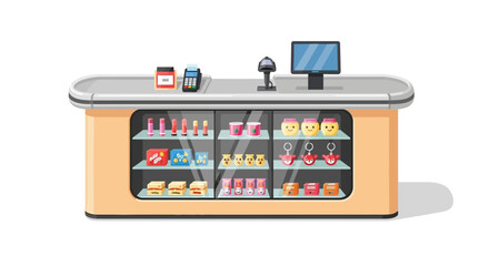 A cashier counter filled with various confectionery, cosmetics, and toys
