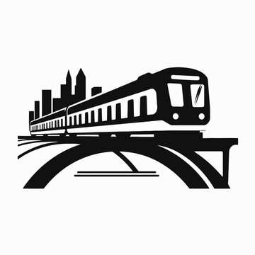 Modern train speeds over elevated tracks city skyline vector silhouette
