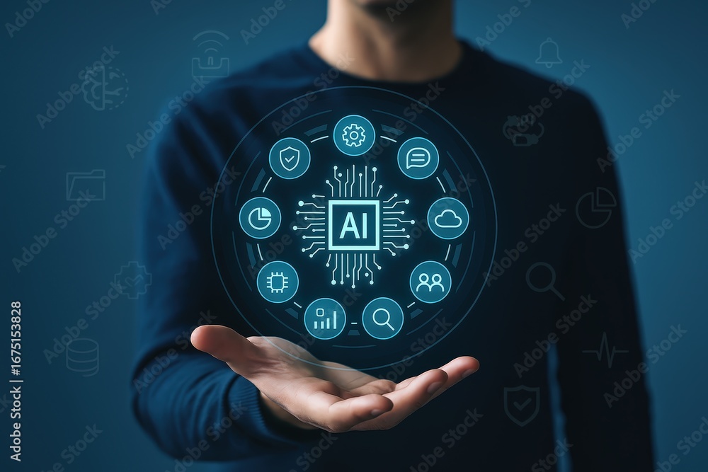 Poster a person holds a futuristic ai interface, showcasing connected technology elements in a modern digit