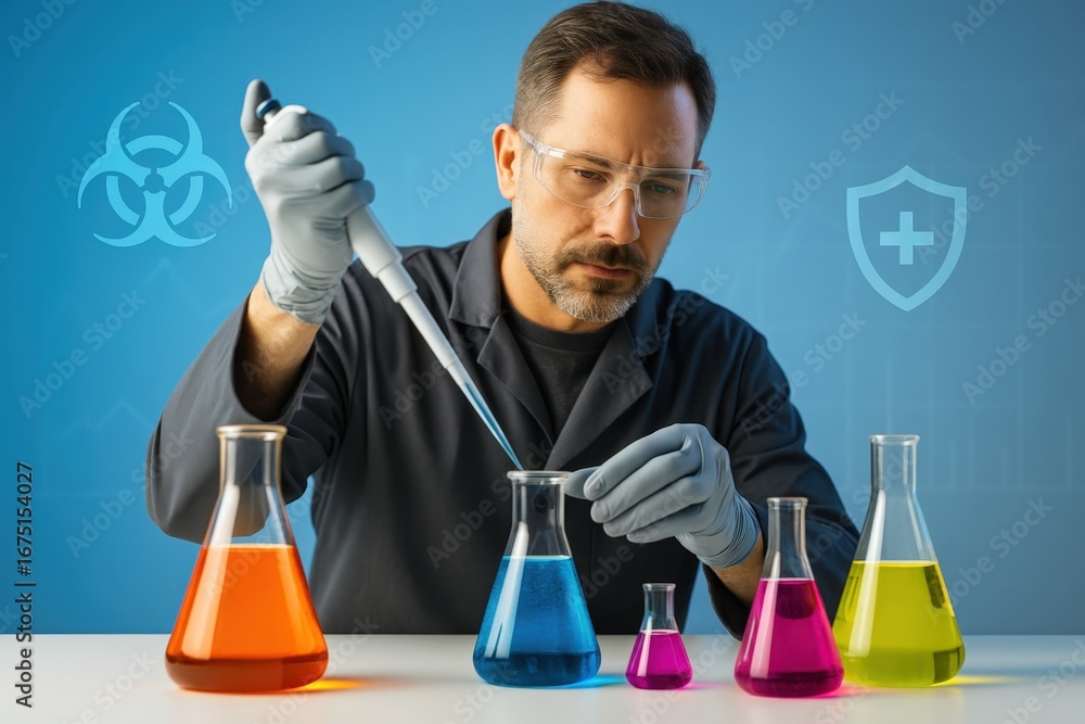 Poster a scientist in a lab coat meticulously transfers liquid with a pipette, surrounded by colorful beake