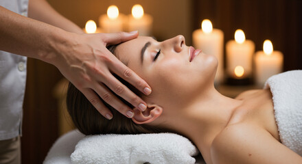 Woman receiving a relaxing massage with candles in the background  