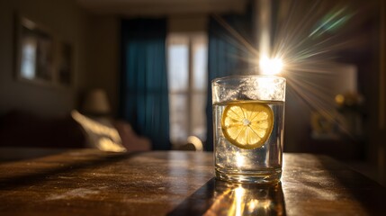 Sunlight streams through a window, illuminating a glass of water with a lemon slice on a wooden table, creating a warm and inviting atmosphere.