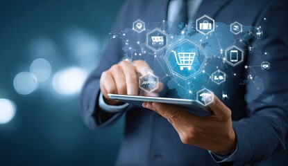 Businessman uses tablet, shopping cart, global network
