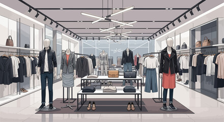 Fashion boutique interior with mannequins and diverse clothing collections