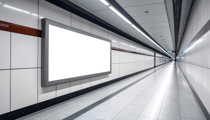 A long, empty, and brightly lit modern subway station tunnel featuring a prominent blank white billboard on the tiled wall, emphasizing depth.