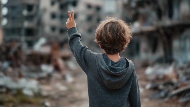 A boy is standing in a field with his hands raised in the air. He is wearing a gray hoodie. child holding small peace sign in destroyed street background, gaza ceasefire hopeful muted