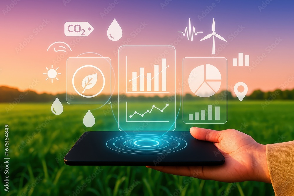 Poster a hand holds a tablet displaying data visualizations overlayed on a field, suggesting sustainable ag