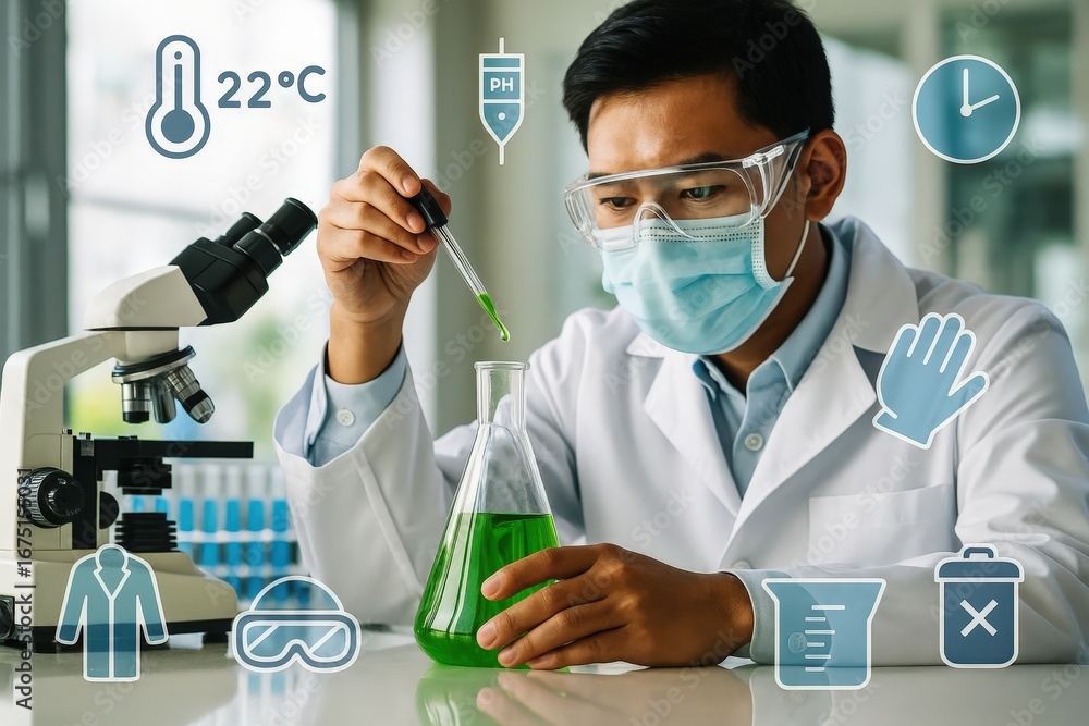 Poster a scientist in a laboratory setting meticulously handling a chemical solution using a dropper.
