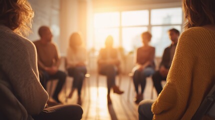 Support group sitting in circle during therapy session, concept of mental health and community