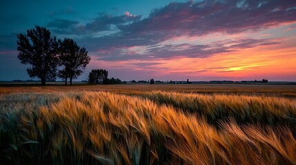 Idyllic wheat field illuminated by sunset light with empty open sky above, panoramic rural farmland background for food industry, ecology, nutrition and sustainable agriculture concepts