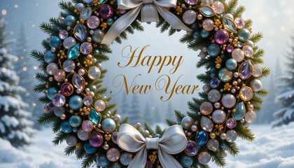 Elegant Christmas wreath with "Happy New Year" message and colorful ornaments in snowy setting
