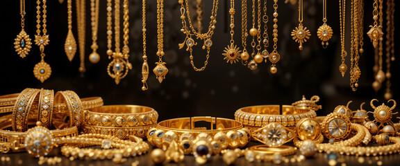 Collection of luxurious gold jewelry displayed elegantly against a dark background

