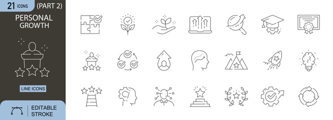   Personal Growth icons set. Includes self-improvement, motivation, success, learning, skills, progress, goals, and achievement symbols. Editable stroke. Line icons. Perfect for infographics.