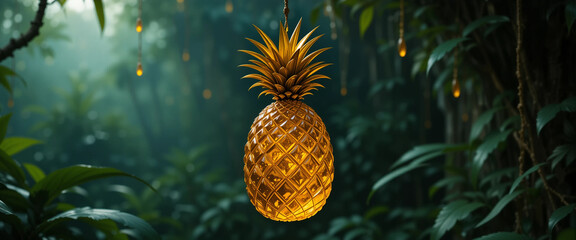 Amber pineapple hanging in a lush jungle with vibrant greenery and mystical lighting
