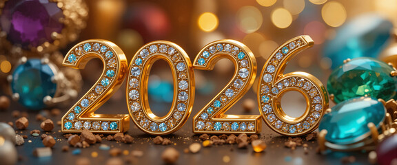 Golden 2026 numbers adorned with colorful gemstones and sparkling decorations on a festive background
