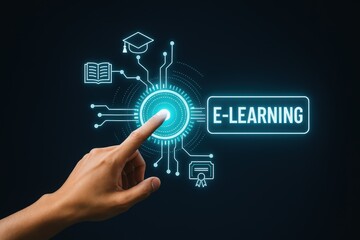 A hand touches a glowing, futuristic e-learning interface, highlighting digital education.