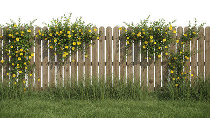 Rustic wooden fence adorned with vibrant yellow climbing flowers and lush green grass, perfect for adding a touch of nature to your designs