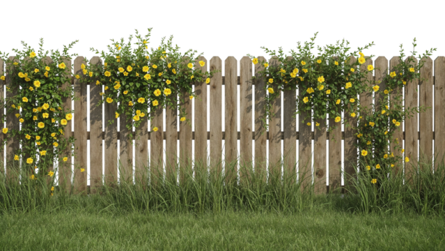 Rustic wooden fence adorned with vibrant yellow climbing flowers and lush green grass, perfect for adding a touch of nature to your designs