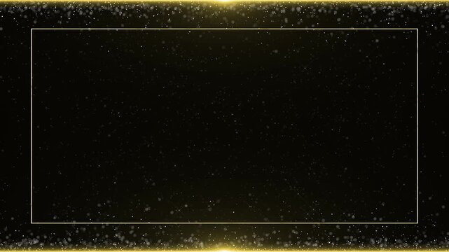 Elegant golden frame made of glowing particles creates shimmering border effect on dark backdrop. for celebration, luxury branding, award ceremony, glamorous invitation, festival event visuals.