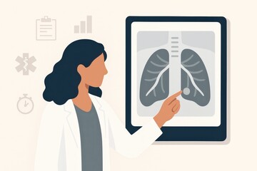 A medical professional examines a chest x-ray, highlighting a possible anomaly.