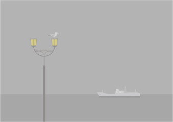 霧雨とカモメと水平線カラー.のイラスト