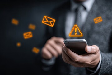 Businessperson holding phone, email alerts, warning signs