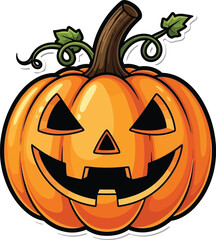 Cartoon halloween pumpkin with a spooky face and vines on a white background