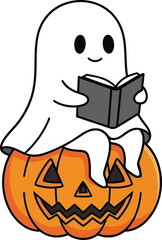 Cute cartoon ghost reading a book while sitting on a halloween pumpkin vector art