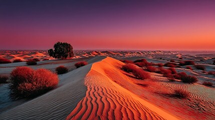 Isolated Desert Landscape at Sunset with Sand Dunes, Bush and Tree - Vector Background for Copy Space