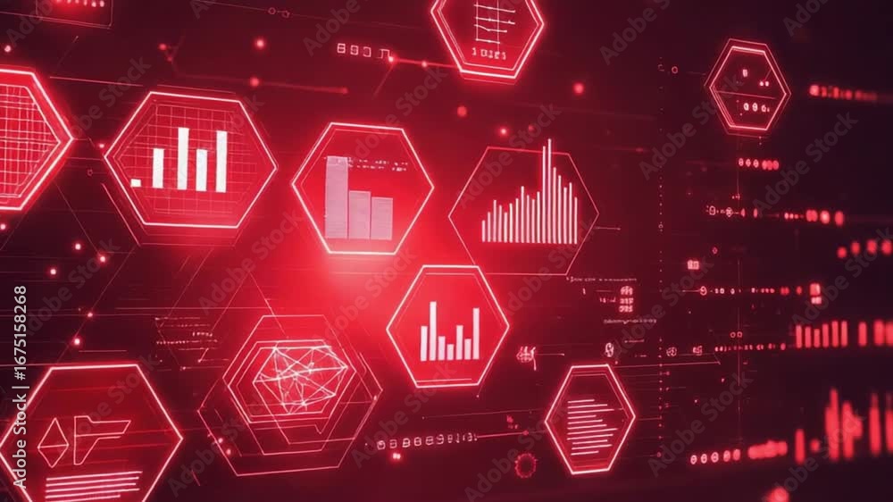 Poster “futuristic red digital dashboard | neon hexagon data charts and graphs | cyber security, fintech, b