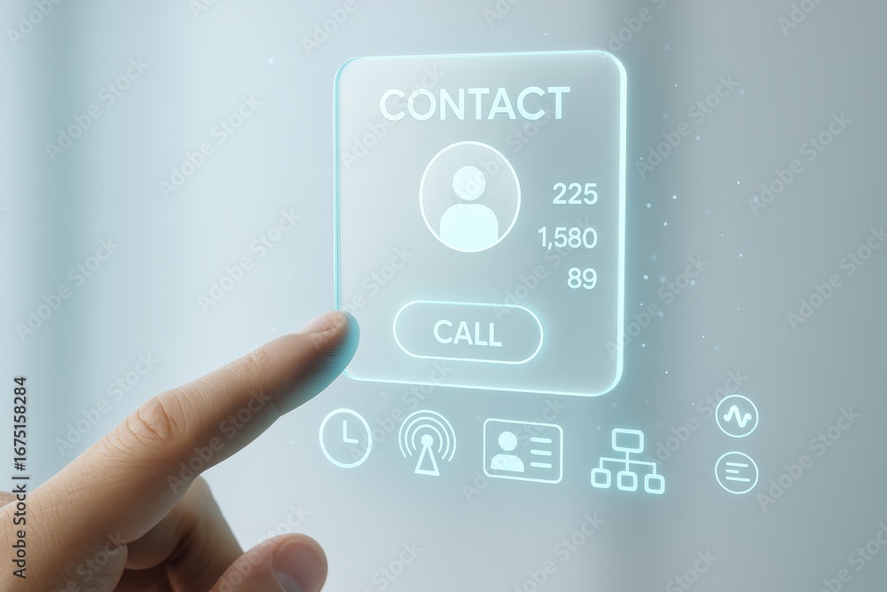 Poster a hand interacts with a futuristic contact interface displaying contact information and call options