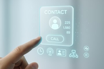 A hand interacts with a futuristic contact interface displaying contact information and call options.