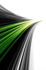 Abstract dynamic lines of black, white, and lime-green, curving to a bright white space