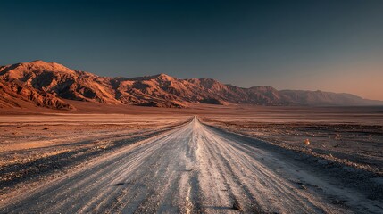Naklejka premium Wide desert road stretching toward horizon under empty sunset sky, minimal travel background concept with copy space for adventure, journey, freedom and exploration themes.