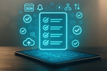 Fototapeta premium A vibrant digital checklist hovers over a tablet, illuminated by a glowing cyan light, showcasing productivity and organization concepts.