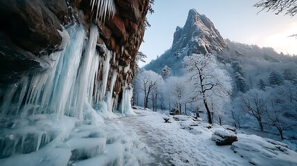 Winter Landscape with Icicles Hanging from Cliff and Snow - Covered Trees, Isolated Background 