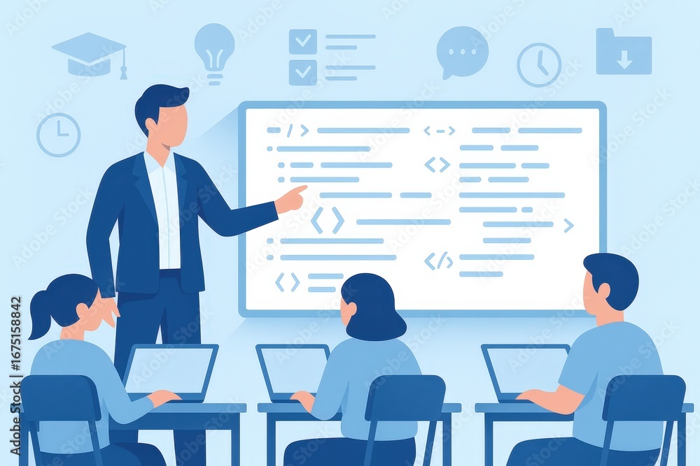 Poster a classroom scene depicts a teacher instructing students on coding concepts.