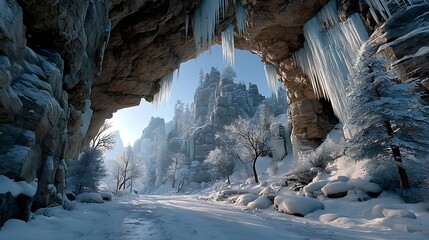 Winter Landscape with Ice - covered Cave, Icicles and Snow - laden Trees, Isolated Background 
